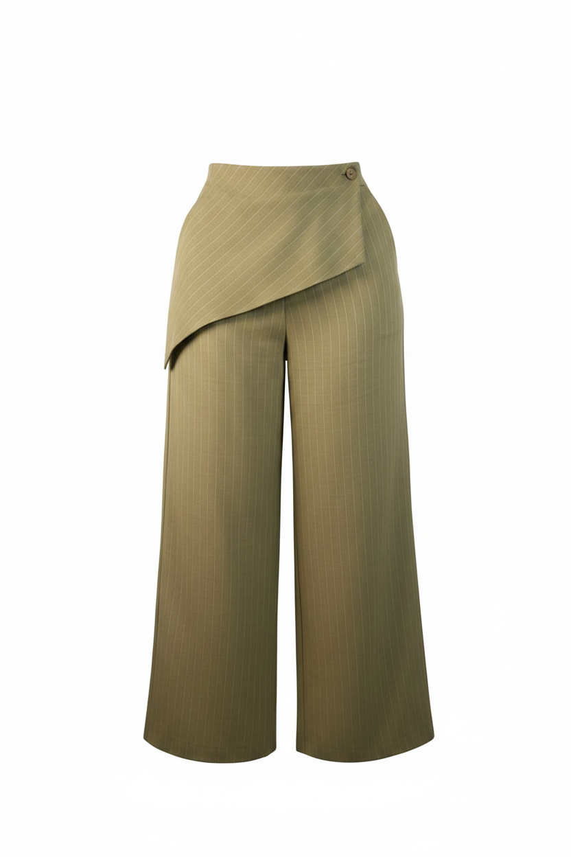 Olive Wide-Leg Trousers with Wrap-Waist Design