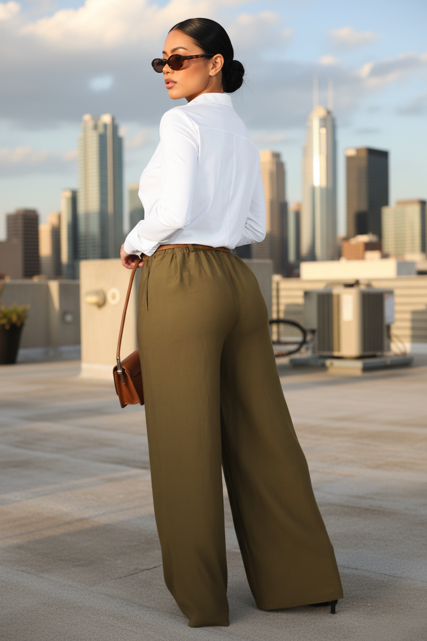 Model wearing Olive High-Waist Wide-Leg Trousers on rooftop
