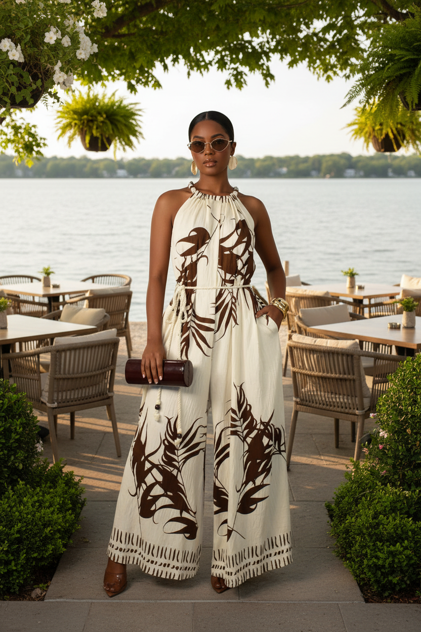 Tropical Print Wide-Leg Jumpsuit - Stylish Halter Design for Effortless Summer Elegance
