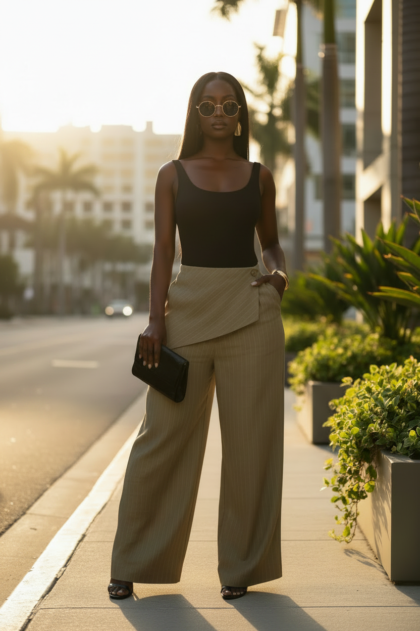 Front view - outdoor lifestyle, black bodysuit, black clutch, black open-toe heels