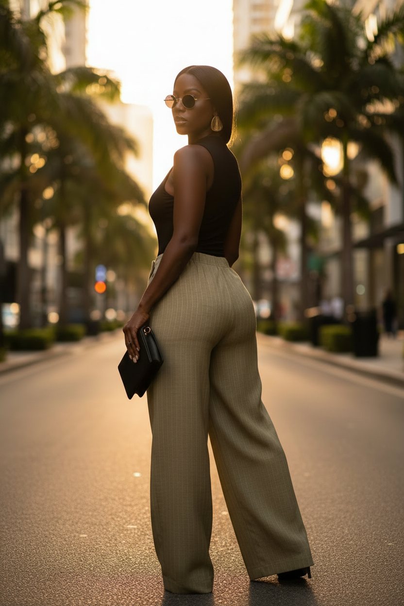 Back view - outdoor lifestyle, black bodysuit, black clutch, round gold frame sunglasses