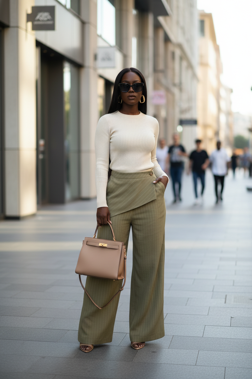Olive Wide-Leg Trousers with Wrap-Waist Design